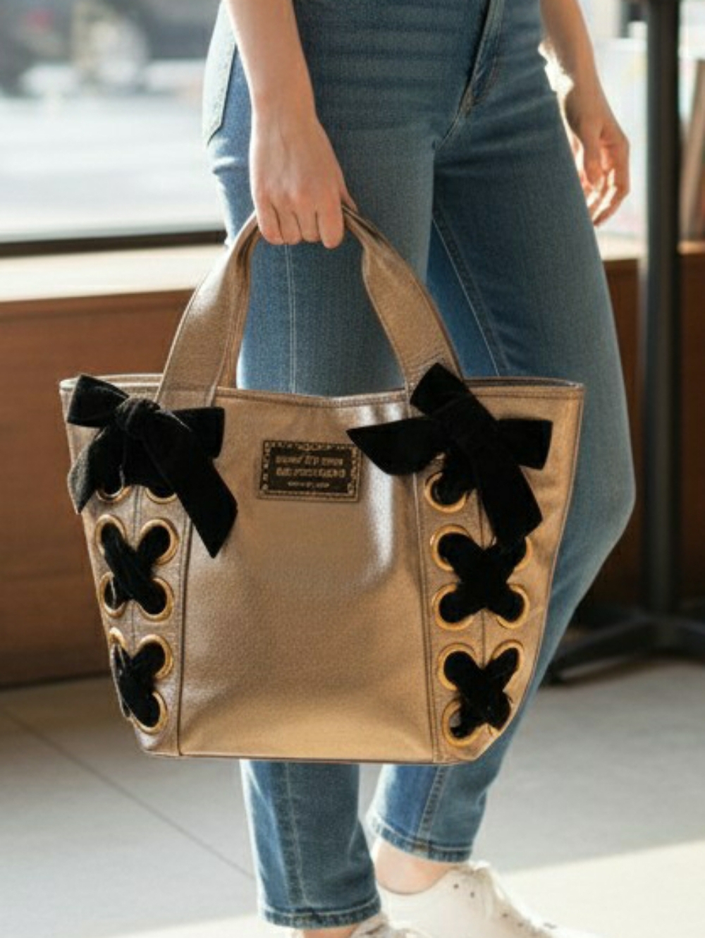 Betsey Johnson Bronze Gold Metallic Tote Bag Black Velvet Lace-Up Ribbon Accents